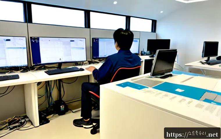 광정동 네트워크구축 설정 및 세팅오류해결 - Photorealistic network support workstation in a compact Gwangjeong-dong office, technician configuri...
