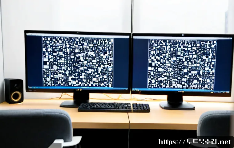 관수동 STATUS_MODULE_CORRUPTION - Photorealistic IT support workstation in a compact downtown office, dual monitors showing a corrupte...