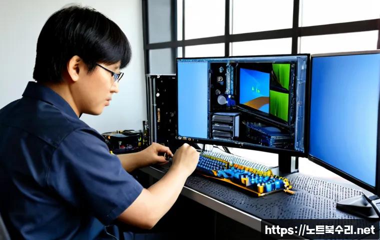 마도면 그래픽카드조립 및 교체수리 - Photorealistic PC repair workstation in a quiet semi-rural industrial area, technician carefully ins...