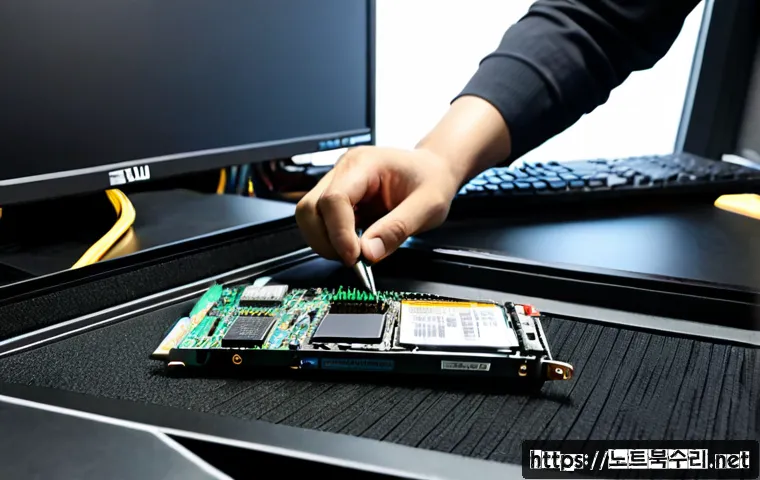 의주로 SSD조립 및 교체수리 - Photorealistic PC repair workstation near Uiju-ro, Seoul, technician installing a sleek NVMe SSD int...
