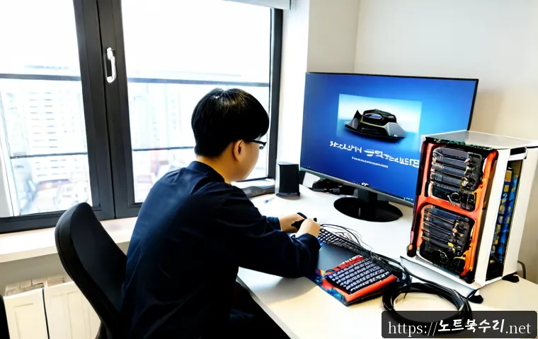 중림동 VGA조립 및 교체수리 - Photorealistic PC repair workstation in a compact Jungnim-dong office, technician carefully installi...