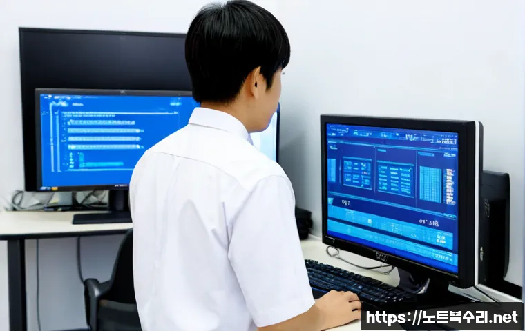 마장동 STATUS_KERNEL_DEBUG_FAILURE - Photorealistic IT support workstation inside a compact market-area office, dual monitors showing a b...