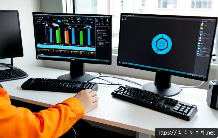 기산동 THREAD_TERMINATION_PORT - Photorealistic remote-support workstation in a modern Gisan-dong office, dual monitors showing a det...