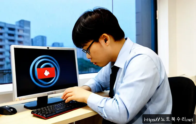 송북동 STATUS_FILE_WRITE_FAILURE - Photorealistic IT support workstation in a compact Korean apartment office, frustrated technician us...