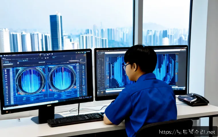 반포동 STATUS_KERNEL_STACK_CORRUPTION - Photorealistic premium IT support workstation in a modern Banpo apartment office, dual monitors show...