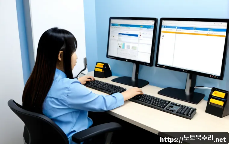 와룡동 PROCESS_HAS_LOCKED_PAGES - Photorealistic IT support workstation in a compact Waryong-dong office, dual monitors showing a gene...