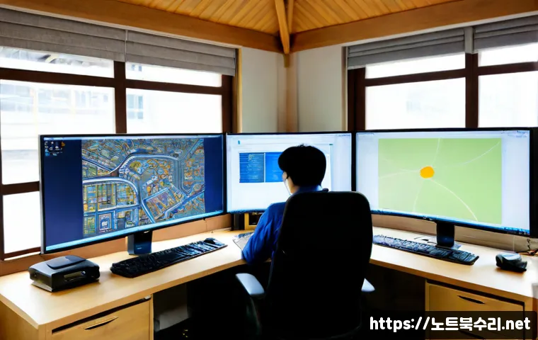 당주동 STATUS_KERNEL_STACK_CORRUPTION - Photorealistic IT support workstation in a compact central Seoul office, dual monitors showing abstr...