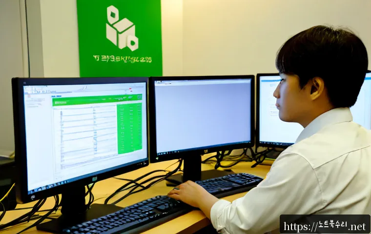 영등포동 SESSION_HAS_VALID_VIEWS_ON_EXIT - Photorealistic IT support workstation in a compact Yeongdeungpo-dong office, dual monitors showing a...
