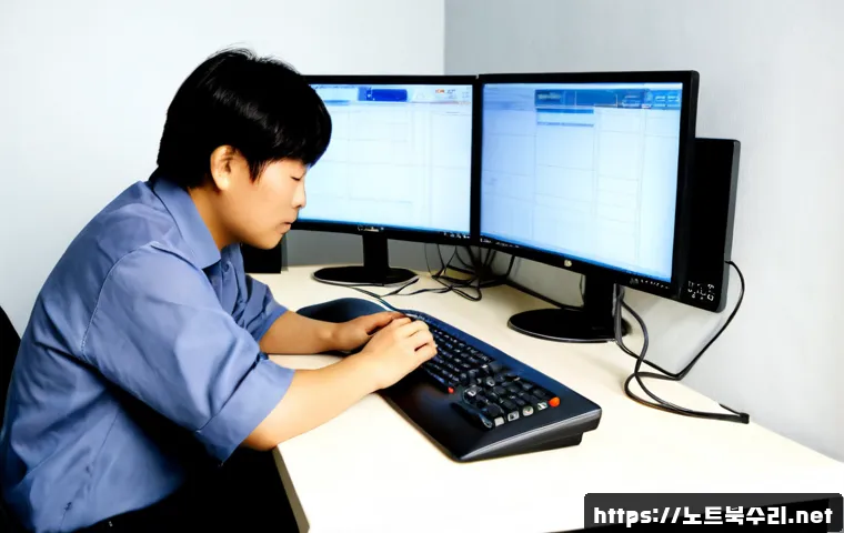 북내면 케이블연결확인 - Photorealistic remote support workstation in a quiet rural Korean township office, technician carefu...