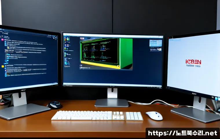 동안구 STATUS_RESOURCE_NOT_OWNED - Photorealistic remote-support workstation in a modern Anyang office, dual monitors showing a blank s...
