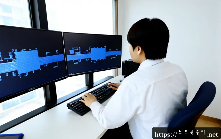 반월동 PAGE_TABLE_CORRUPT - Photorealistic IT support workstation in a quiet Banwol-dong apartment office, dual monitors display...
