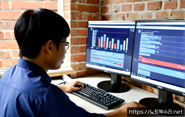 이화동 STATUS_KERNEL_BLOCKED - Photorealistic remote IT support workstation in a compact hillside studio, dual monitors showing abs...