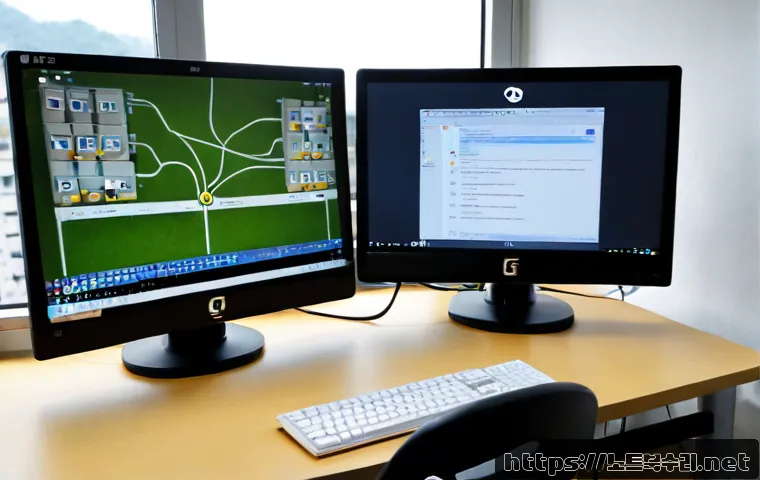 광석동 STATUS_CONNECTION_REFUSED - Photorealistic IT support workstation in a compact Gwangseok-dong office, dual monitors showing a cl...