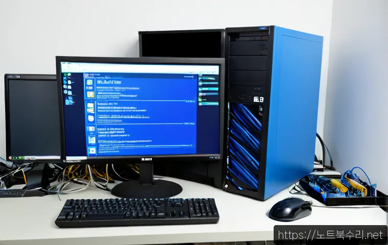 도당동 MACHINE_CHECK_EXCEPTION - Photorealistic compact computer repair workstation in a suburban Korean office district, desktop tow...