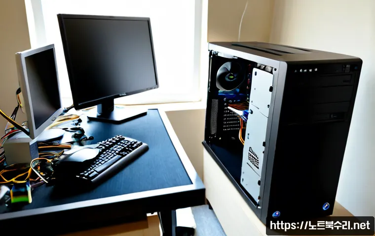 군문동 컴퓨터 desktop 출장방문수리점 - Photorealistic desktop computer repair technician servicing an open mid-tower PC at a compact apartm...