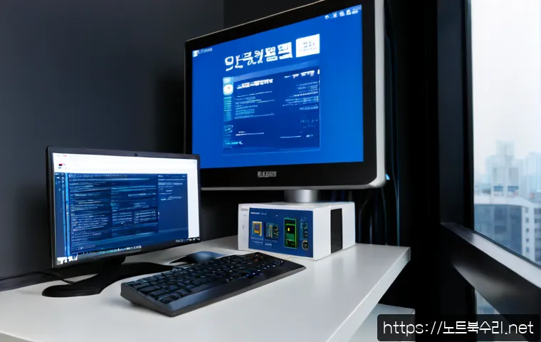 하계동 INACCESSIBLE_BOOT_DEVICE - Photorealistic IT support workstation in a compact Hagye-dong office, desktop tower opened beside a ...