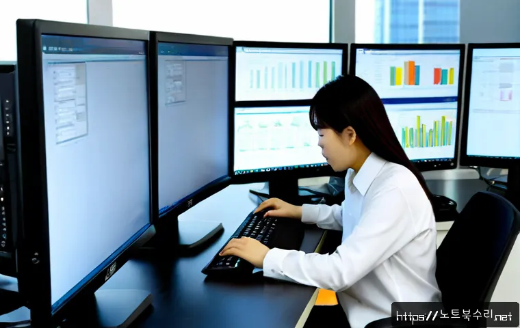 일산 VENDOR_DEFINED_ERROR - Photorealistic IT support workstation in a modern Ilsan office tower, technician studying a desktop ...