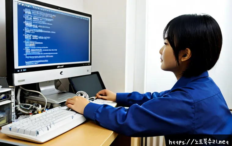 소사동 맥윈도우 부트캠프_bootcamp 재설치 포맷 초기화 - Photorealistic computer repair workstation in a compact Sosadong office, aluminum laptop connected t...