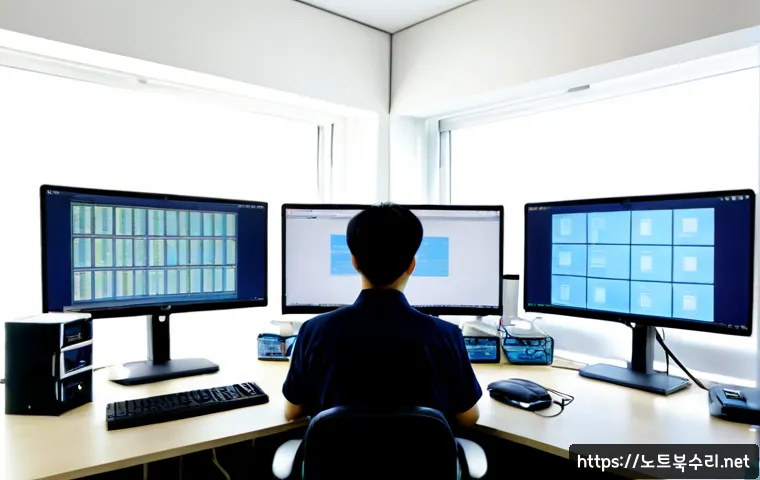 내자동 STATUS_KERNEL_FILE_SYSTEM_ERROR - Photorealistic IT support workstation in a quiet Naeja-dong office, dual monitors showing abstract b...