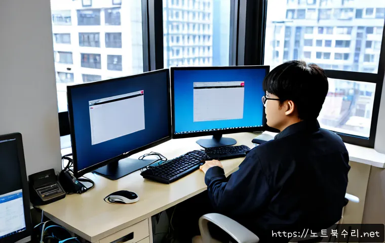 수색동 STATUS_SYSTEM_FILE_MISSING - Photorealistic IT support workstation in a compact Susaek-dong office, dual monitors showing abstrac...
