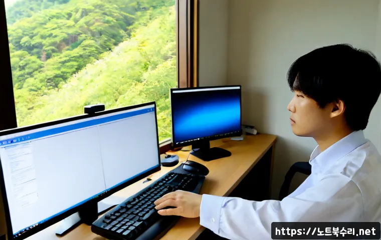 청운동 STATUS_MODULE_CORRUPTION - Photorealistic remote-support workstation in a quiet Cheongun-dong home office, dual monitors showin...