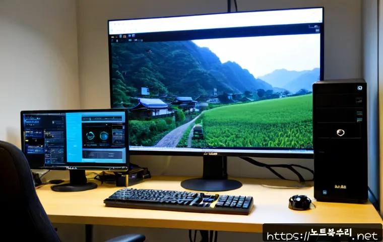 금정동 INTERNAL_POWER_ERROR - Photorealistic PC repair workstation in a compact Geumjeong-dong office, dual monitors showing a bla...