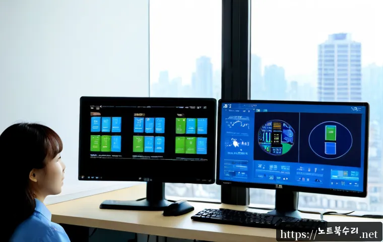 동본동 STATUS_KERNEL_HEAP_CORRUPTION - Photorealistic IT support workstation in a compact Dongbon-dong office, dual monitors showing abstra...