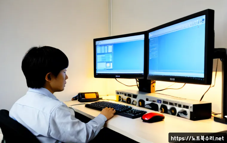 무학동 STATUS_MEMORY_ACCESS_DENIED - Photorealistic remote-support workstation in a compact Mugyo-dong office, dual monitors showing a ge...