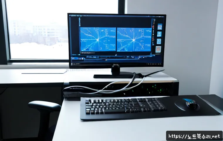 교하동 STATUS_KERNEL_THREAD_INTERRUPTED - Photorealistic IT support workstation in a modern Paju apartment office, dual monitors showing a fro...