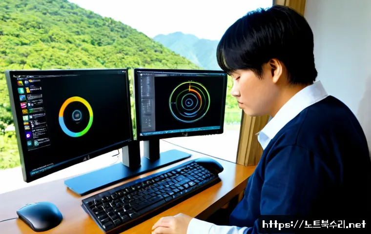 퇴촌면 CDFS_FILE_SYSTEM - Photorealistic IT support workstation in a quiet semi-rural Korean office, dual monitors showing a c...