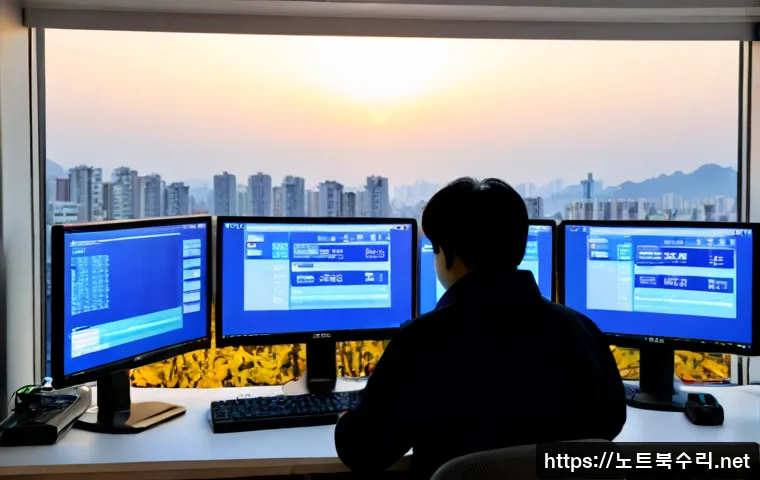 간석동 STATUS_KERNEL_APC_PENDING - Photorealistic IT support workstation in a compact Ganseok-dong office, dual monitors showing a blan...