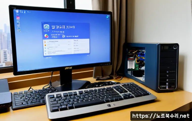 원미동 해킨토시 재설치 포맷 초기화 - Photorealistic compact computer repair workstation in a Wonmi-dong apartment, all-in-one desktop dis...