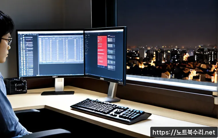 신영동 VENDOR_DEFINED_ERROR - Photorealistic remote-support workstation in a compact hillside apartment office, dual monitors show...