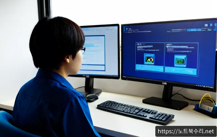 삼양동 DRIVER_POWER_STATE_FAILURE - Photorealistic IT support workstation in a compact hillside neighborhood office, dual monitors showi...