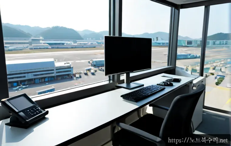 공항동 STATUS_FLOAT_UNDERFLOW - Photorealistic Airport-dong technical office beside a distant airport perimeter, dual-monitor engine...