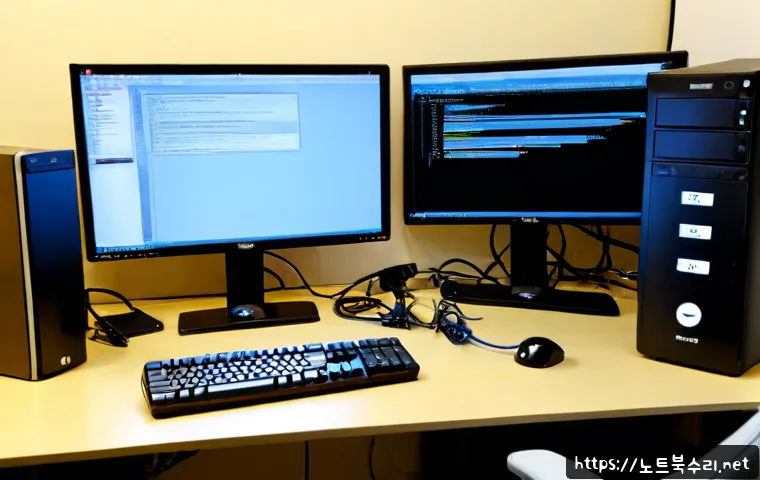 아천동 all boot options are tried - Photorealistic IT support workstation in a compact Acheon-dong office, desktop monitor showing a non...