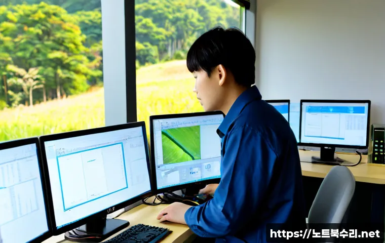 마장면 STATUS_FILE_IN_USE - Photorealistic product-design workstation in a compact rural Korean office, engineer studying a CAD-...