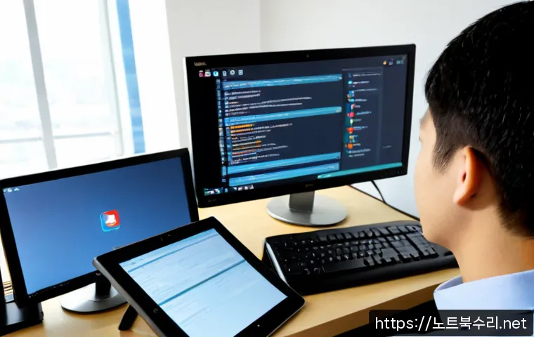 삼교동 STATUS_KERNEL_ACCESS_DENIED - Photorealistic remote IT support workstation in a compact Samgyo-dong office, dual monitors showing ...