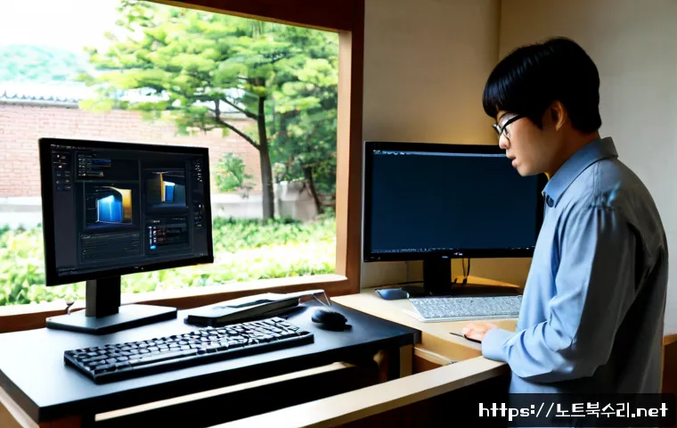 남수동 STATUS_INVALID_OBJECT - Photorealistic compact technical workstation in a quiet historic hillside neighborhood, an IT specia...
