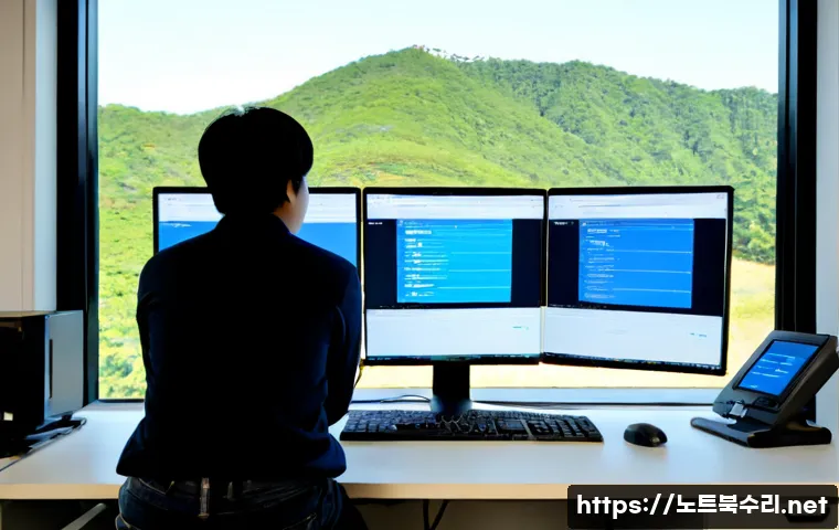 옥천면 STATUS_KERNEL_EXECUTION_ERROR - Photorealistic IT support workstation in a quiet rural Korean office near forested hills, dual monit...