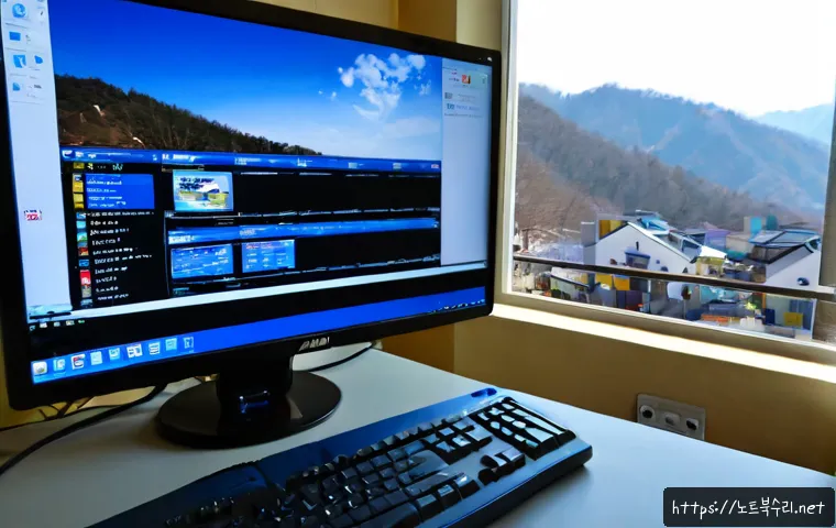 송학동 DPC_WATCHDOG_VIOLATION - Photorealistic IT support workstation in Songhak-dong, a desktop monitor frozen on a plain cobalt-bl...