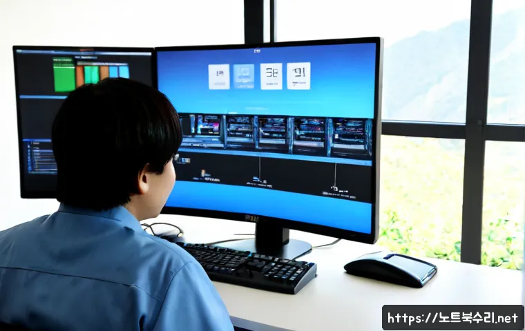 소흘읍 STATUS_KERNEL_THREAD_FAILURE - Photorealistic IT support workstation in a quiet suburban Korean office, dual monitors showing a bla...