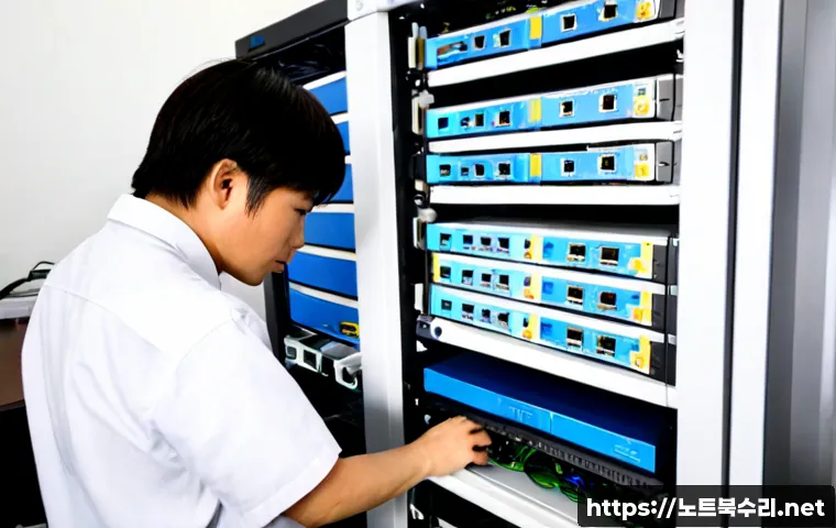 원미구 server출장방문수리점 - Photorealistic server technician performing an on-site repair in a compact Wonmi-gu office, open rac...