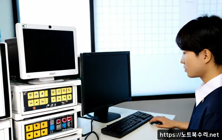도렴동 STATUS_KERNEL_UNSUPPORTED_DEVICE - Photorealistic IT support workstation in a modern Seoul office near historic government buildings, e...