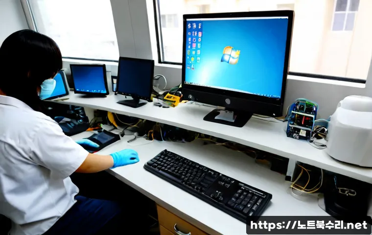 다율동 아이맥 판매 및 수리 - Photorealistic modern computer repair workshop in Dayul-dong, a sleek silver all-in-one desktop on a...