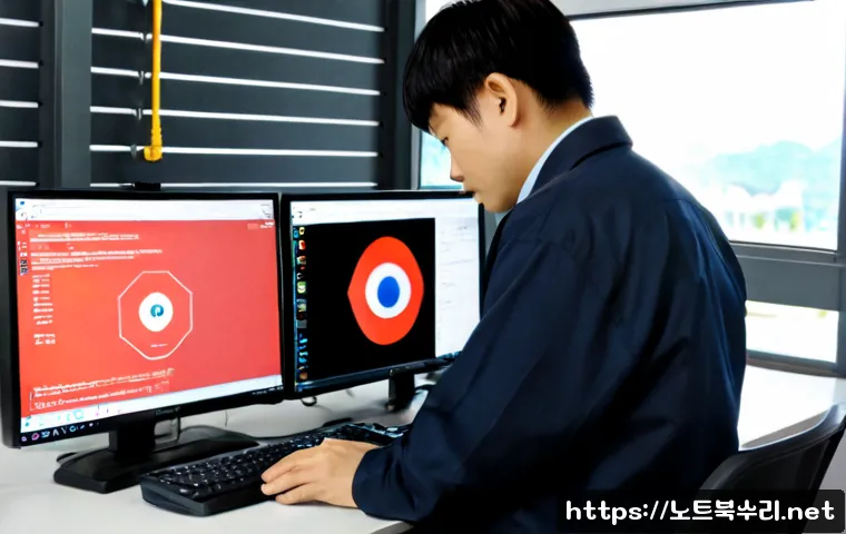 화전동 STATUS_KERNEL_ACCESS_DENIED - Photorealistic IT support workstation in a compact Hwajeon district office near a railway logistics ...