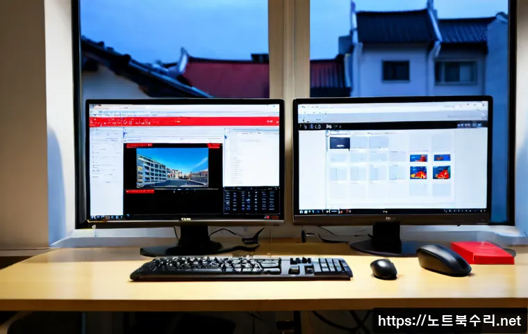 쌍문동 STATUS_KERNEL_ACCESS_DENIED - Photorealistic remote-support workstation in a modest Ssangmun-dong apartment office, dual monitors ...