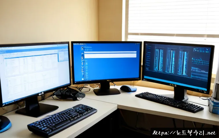 구포동 STATUS_KERNEL_HEAP_CORRUPTION - Photorealistic IT support workstation in a quiet Korean neighborhood office, dual monitors showing a...