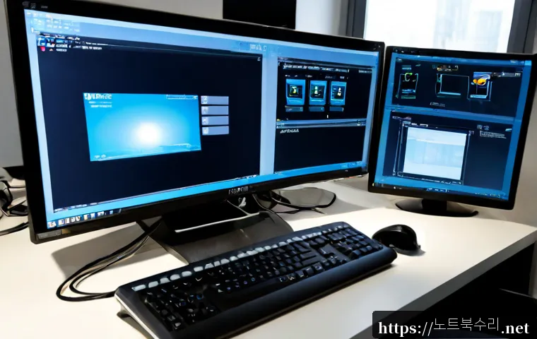 신대방 프로그램응답없음 - Photorealistic remote-support workstation in a compact Shindaebang office, dual monitors showing a f...