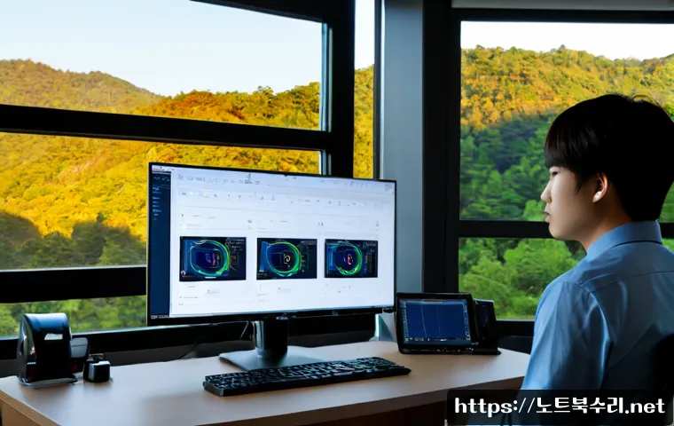 경기광주 SOFTWARE_EXCEPTION - Photorealistic software developer workstation in Gwangju, Gyeonggi, dual monitors showing abstract e...
